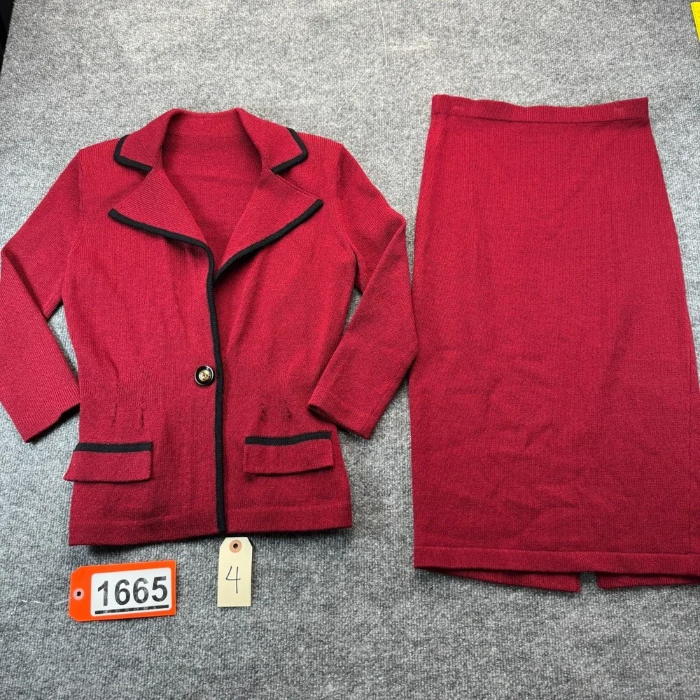 Vintage Womens Knit Skirt Suit Set Red Black Trim Cardigan Blazer Pencil Skirt 4